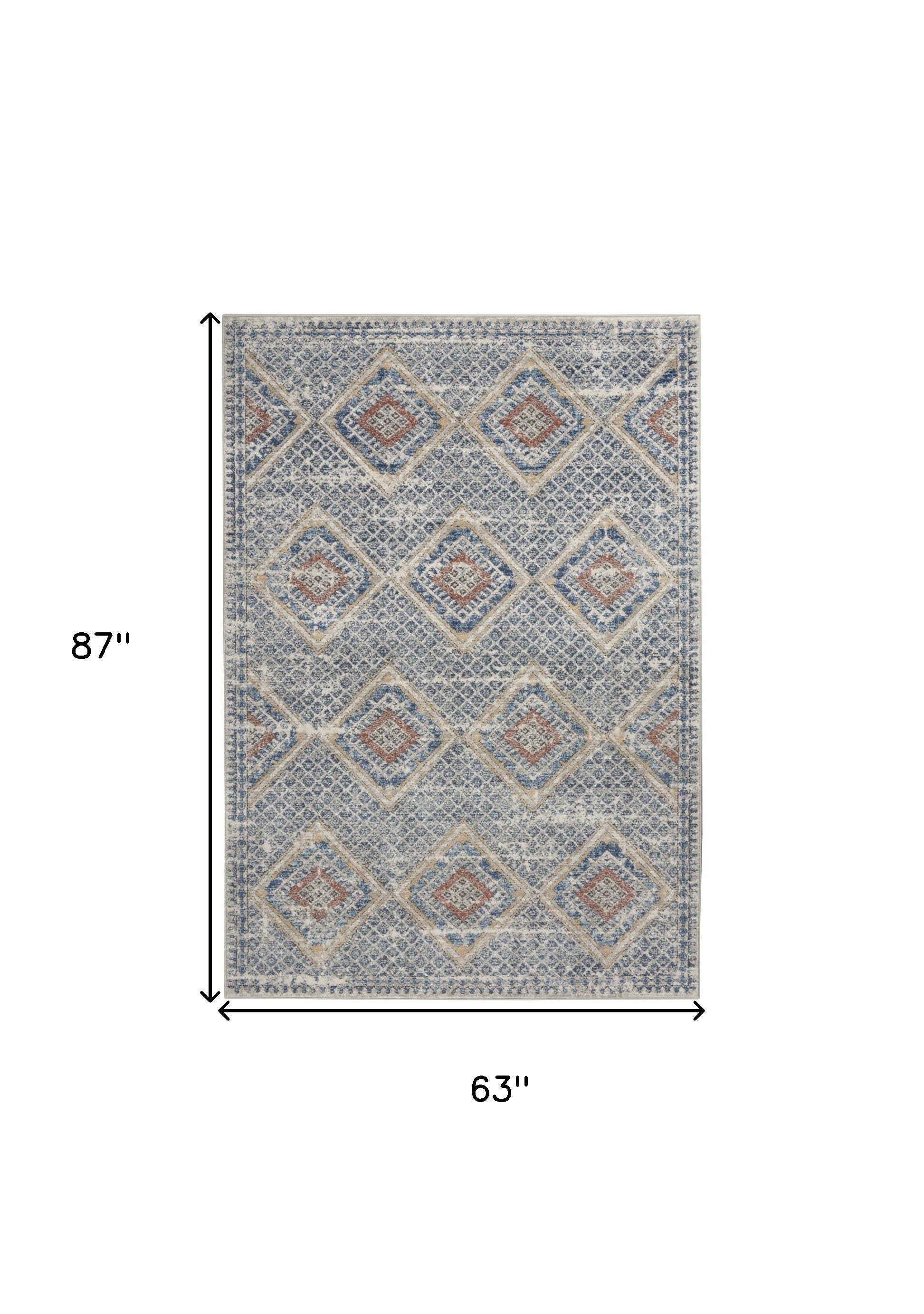 5' X 7' Blue And Ivory Southwestern Power Loom Non Skid Area Rug