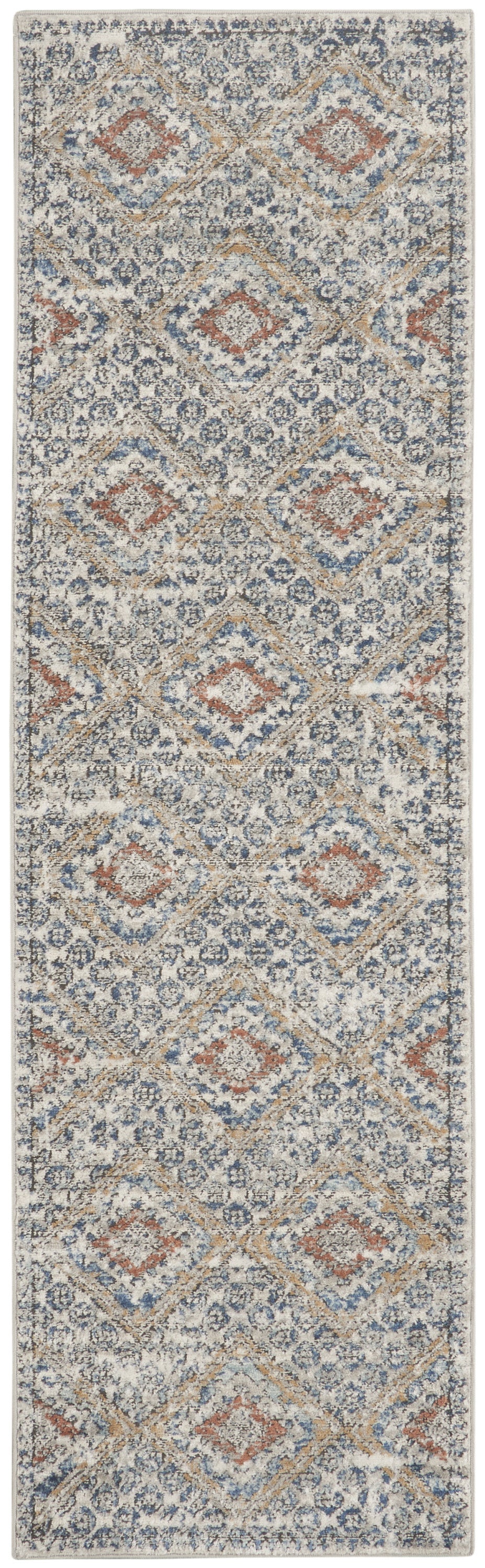2' X 8' Grey Ivory And Blue Southwestern Power Loom Non Skid Runner Rug