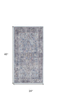 2' X 4' Light Grey And Blue Oriental Power Loom Distressed Washable Area Rug