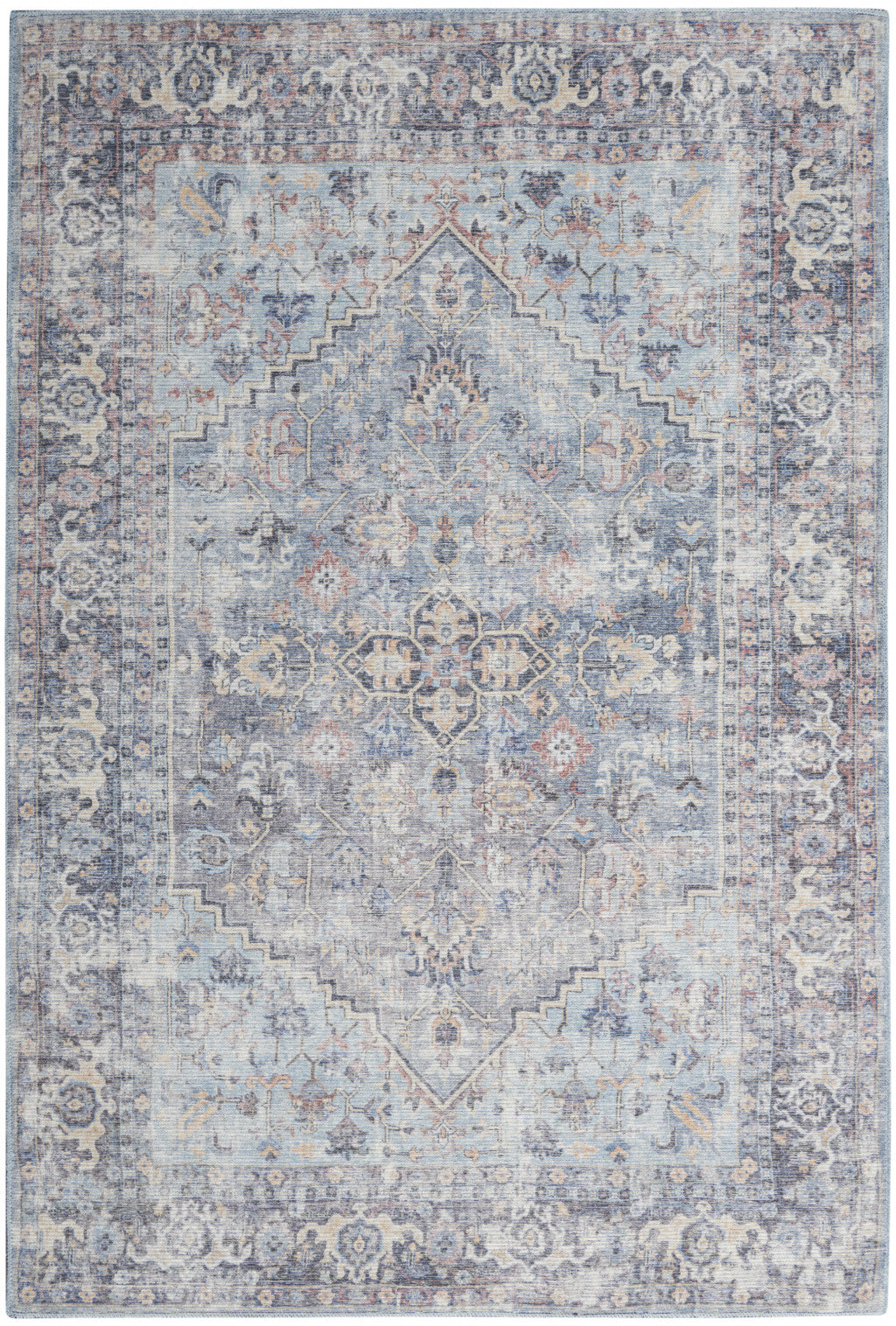 Light Grey And Blue Oriental Power Loom Distressed Washable Area Rug - 4' X 6'