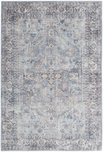 Light Grey And Blue Oriental Power Loom Distressed Washable Area Rug - 4' X 6'