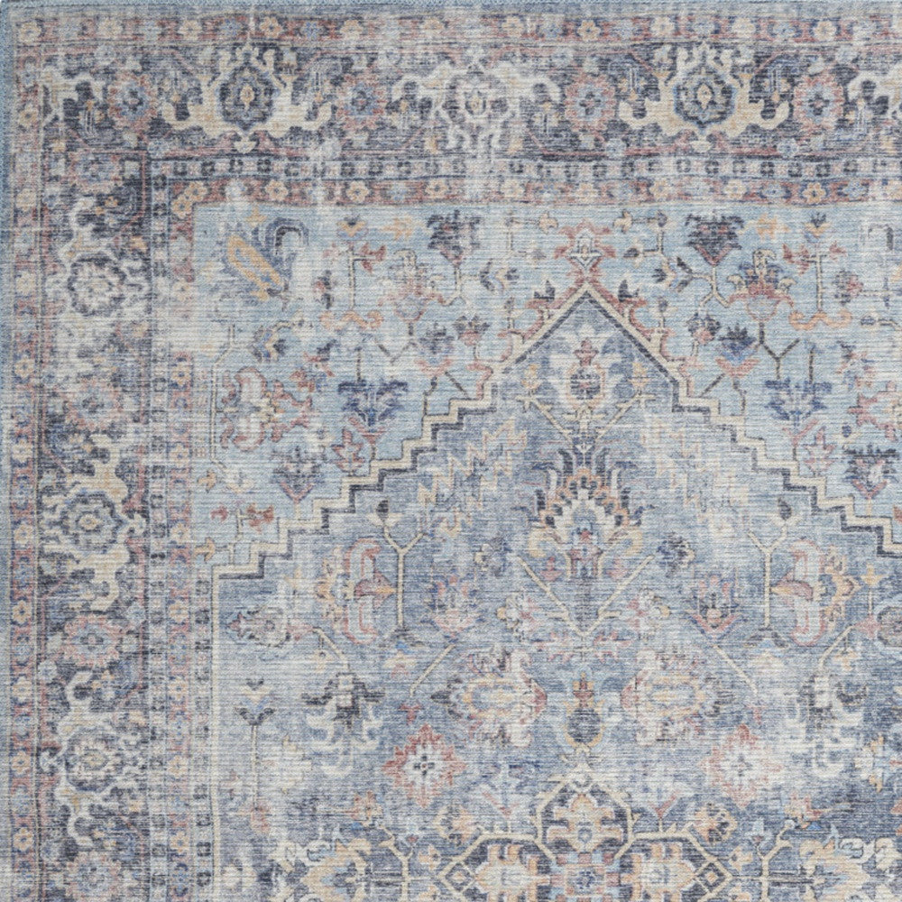 Light Grey And Blue Oriental Power Loom Distressed Washable Area Rug - 4' X 6'