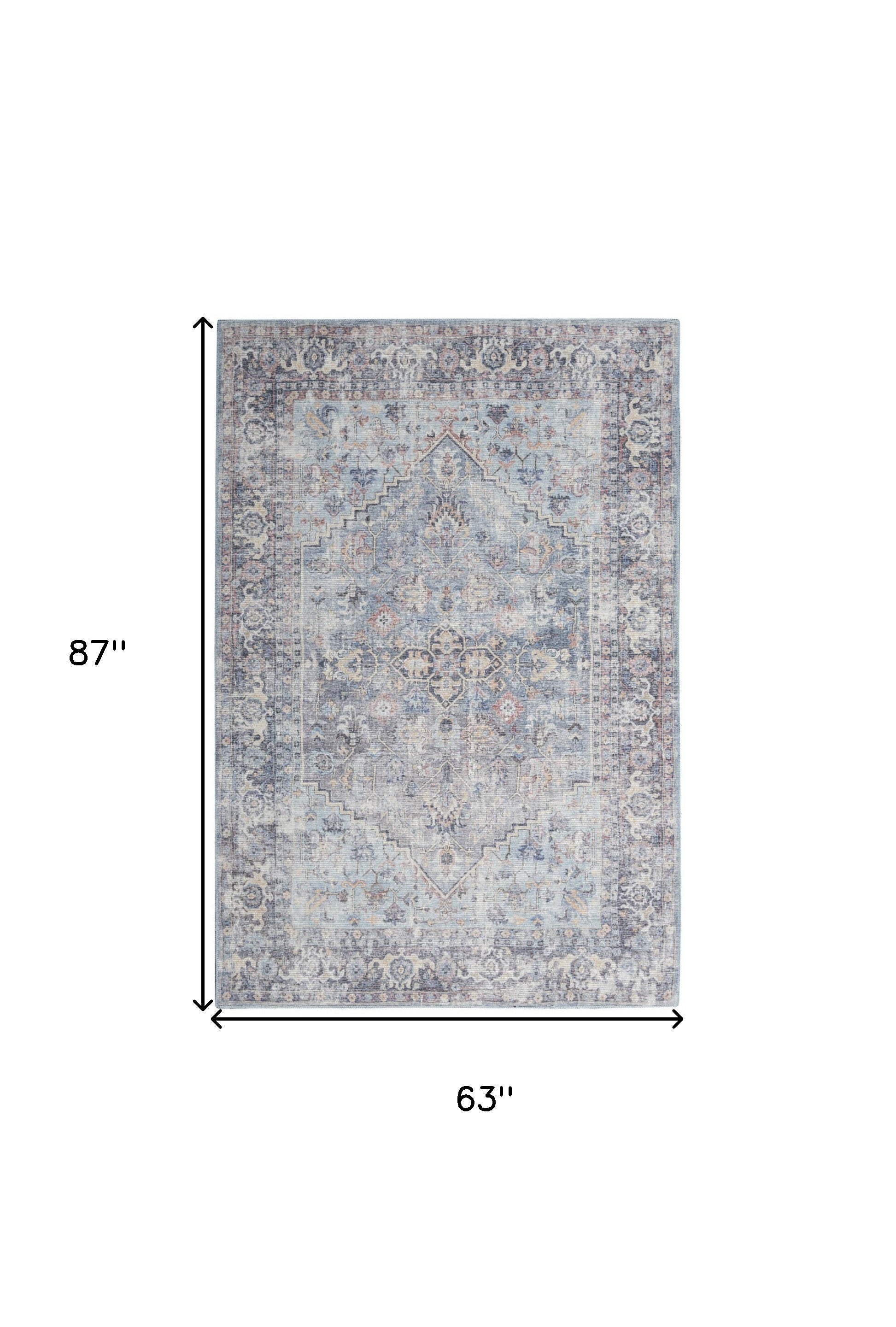 5' X 7' Light Grey And Blue Oriental Power Loom Distressed Washable Area Rug
