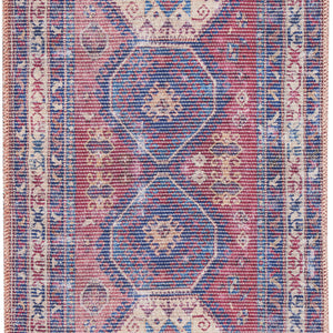 2' X 6' Red And Navy Oriental Power Loom Distressed Washable Runner Rug