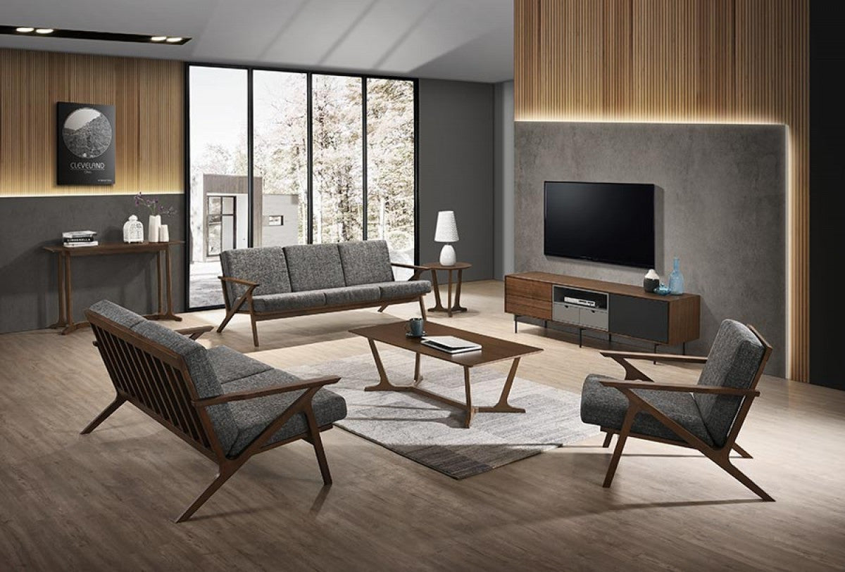 Loveseat compacto de tela gris y chapa de nogal de 44"