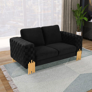 Stylish 69" Black Velvet And Gold Accent Loveseat