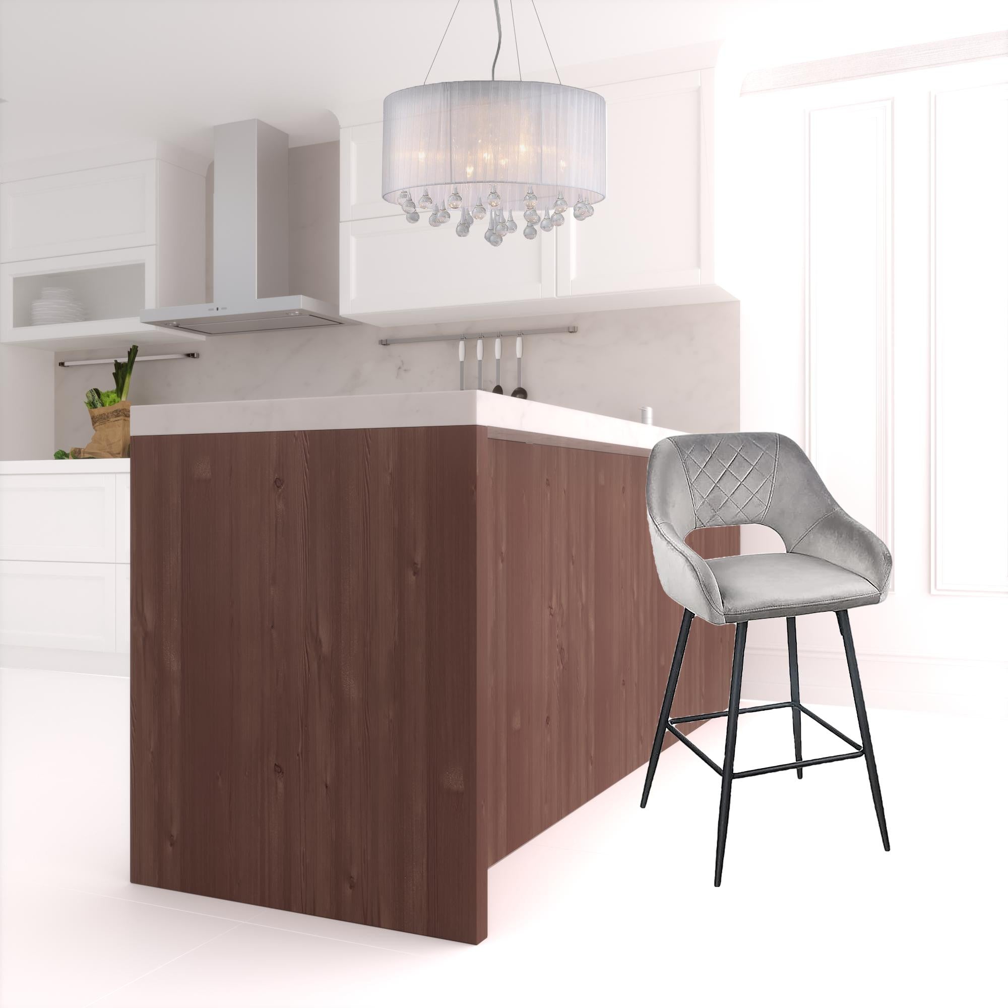 Set Of Two 38" Gray Velvet And Black Open Back Bar Height Chairs