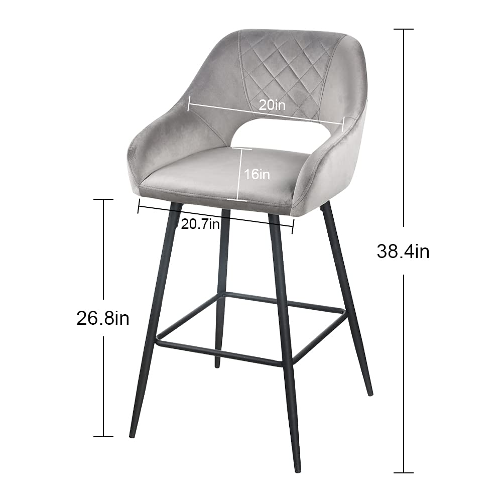 Set Of Two 38" Gray Velvet And Black Open Back Bar Height Chairs