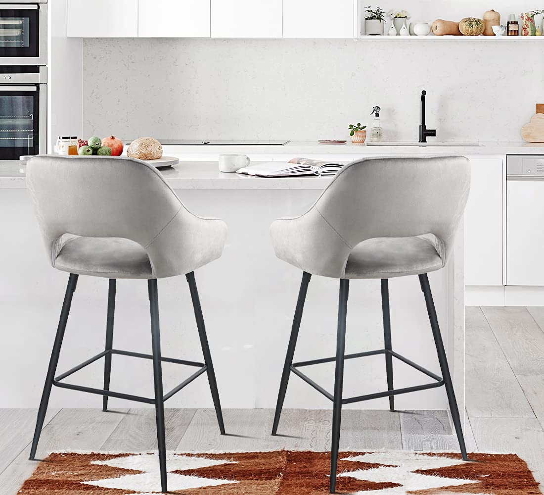 Set Of Two 38" Gray Velvet And Black Open Back Bar Height Chairs