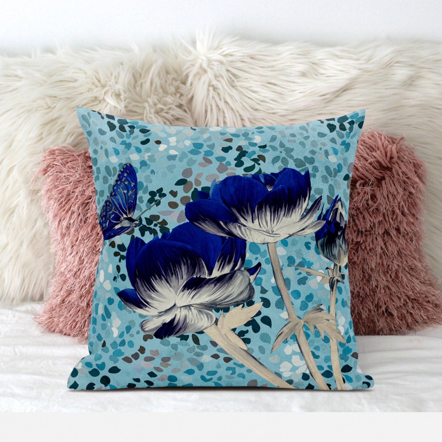 16" X 16" Aqua Blue And Cream Roses and Butterfly Suede Throw Pillow