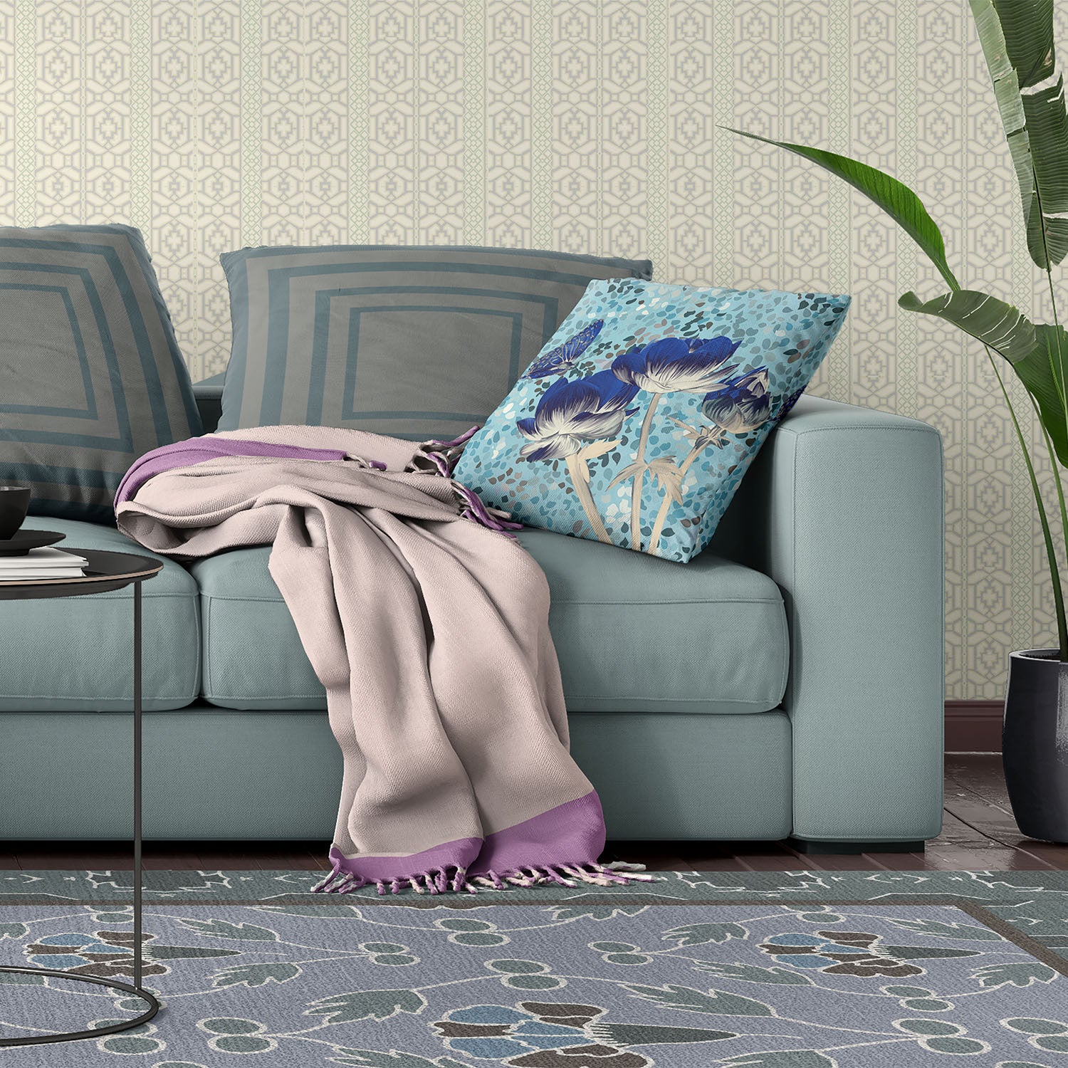 16" X 16" Aqua Blue And Cream Roses and Butterfly Suede Throw Pillow