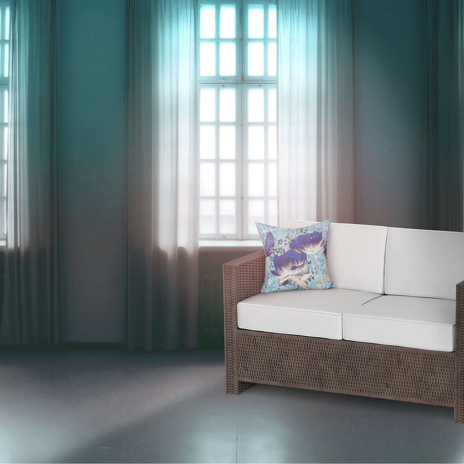 16" X 16" Aqua Blue And Cream Roses and Butterfly Suede Throw Pillow