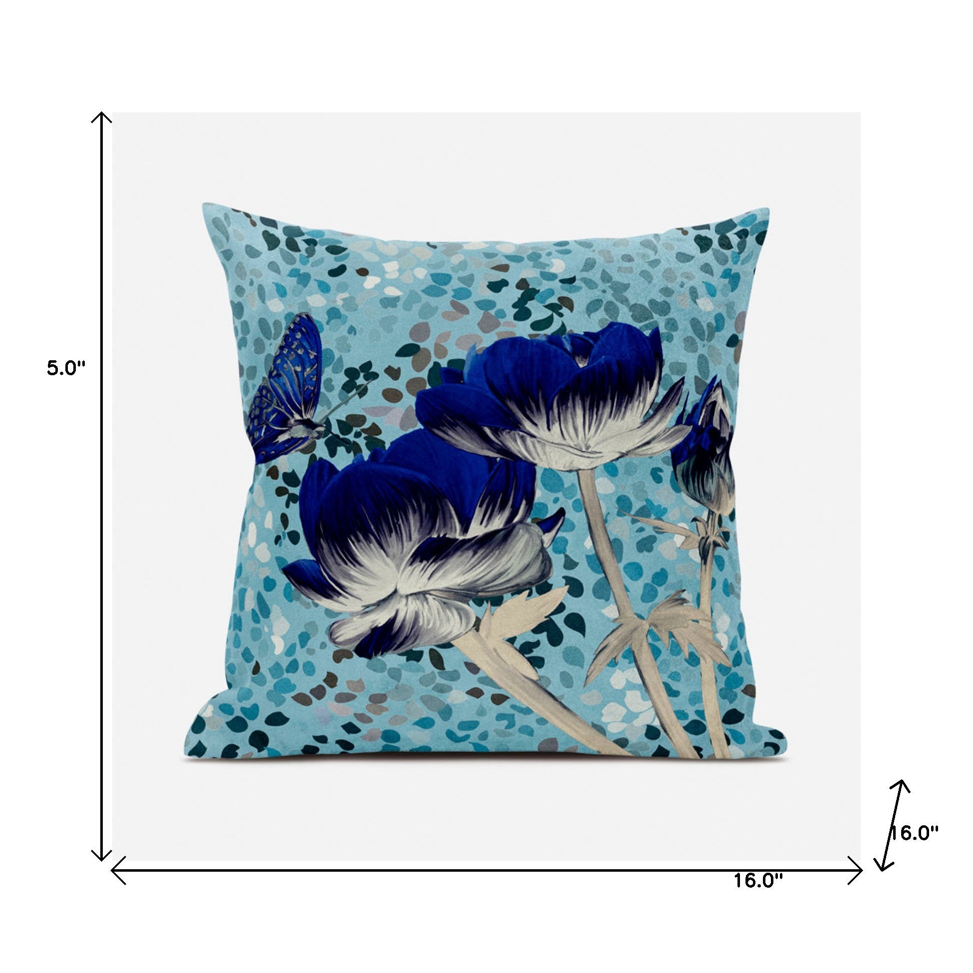 16" X 16" Aqua Blue And Cream Roses and Butterfly Suede Throw Pillow