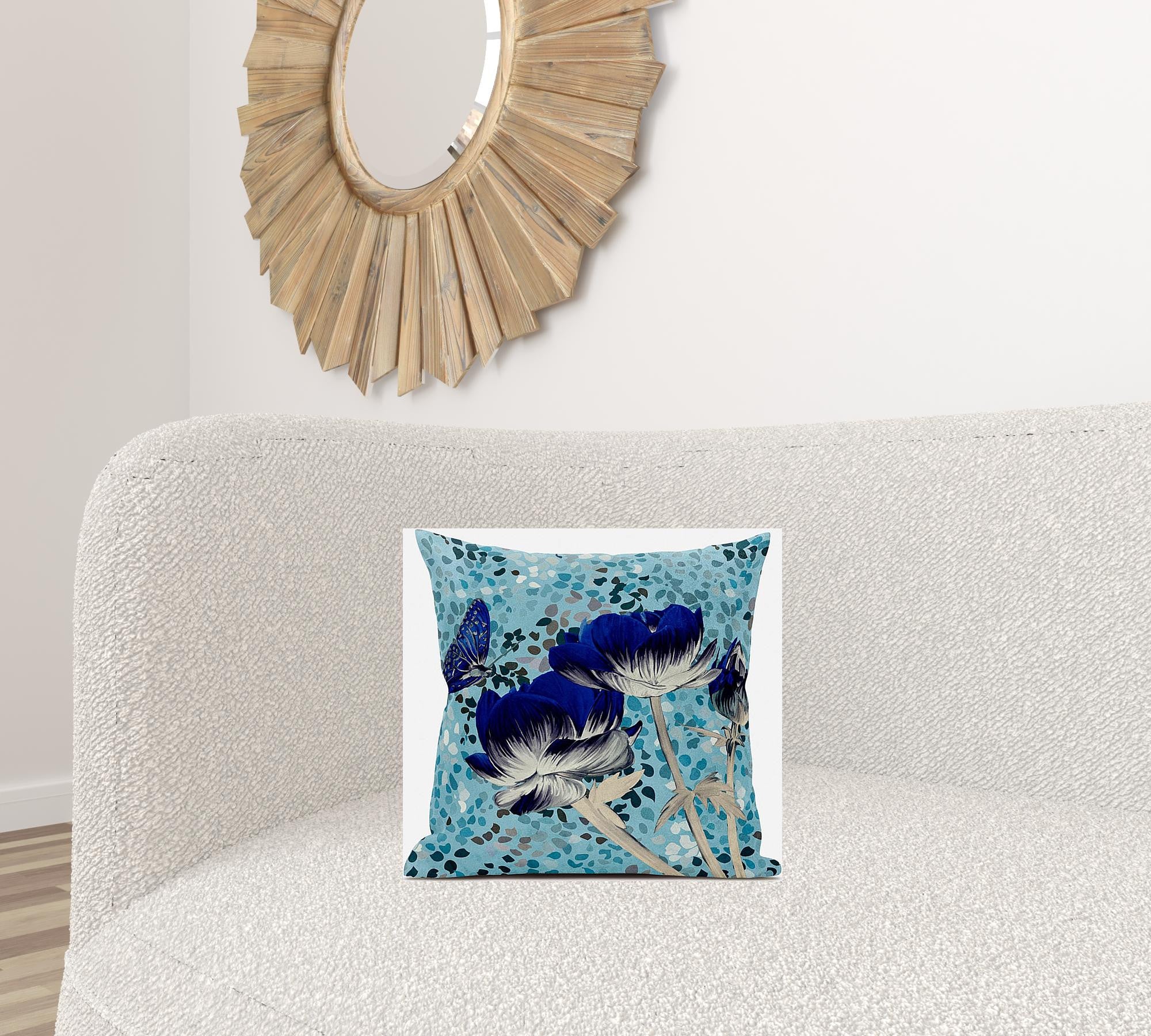 16" X 16" Aqua Blue And Cream Roses and Butterfly Suede Throw Pillow