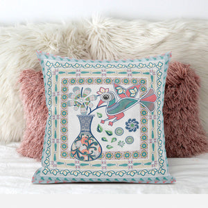 28" X 28" White And Blue Bird Blown Seam Floral Indoor Outdoor Throw Pillow