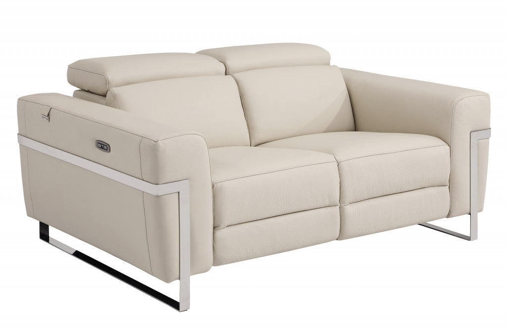 65" Beige Italian Leather with Chrome Accents Reclining Love Seat