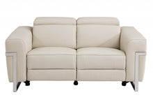 Beige Italian Leather and Stainless Reclining Love Seat 65