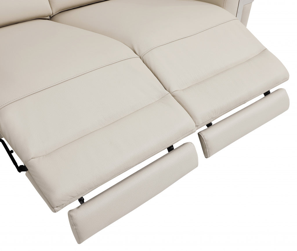 Beige Italian Leather and Stainless Reclining Love Seat 65"