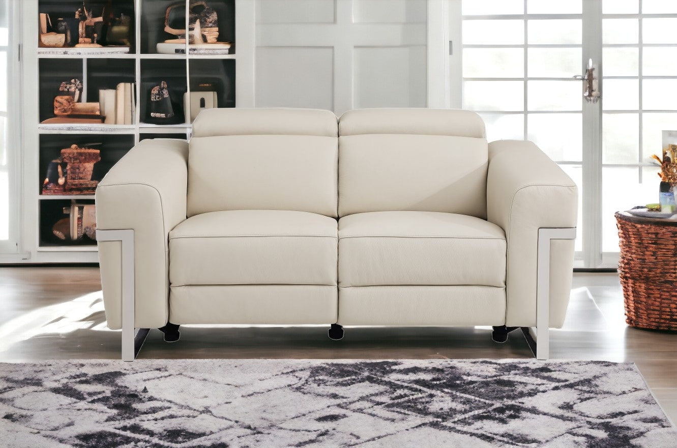 Beige Italian Leather and Stainless Reclining Love Seat 65"