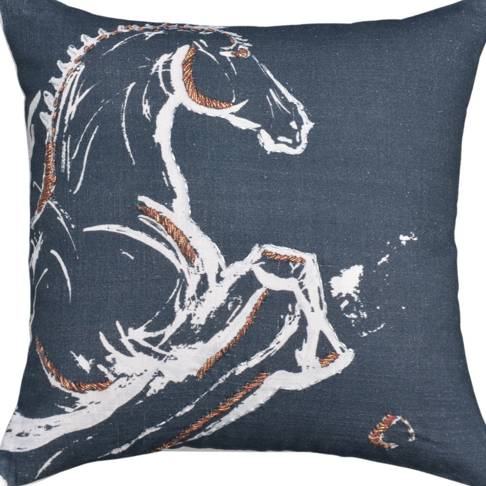 18" X 18" Gray Horse Zippered Handmade Cotton Blend Throw Pillow With Embroidery