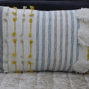 14" X 20" Blue And Yellow Striped Zippered Handmade Cotton Blend Throw Pillow With Tassels