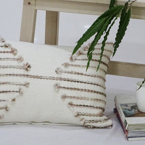 14" X 20" Tan And White Zippered Cotton Blend Geometric Throw Pillow With Pom-poms