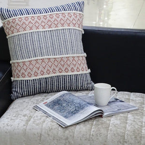 22" X 22" Blue And Peach Trellis Zippered Cotton Blend Throw Pillow With Embroidery