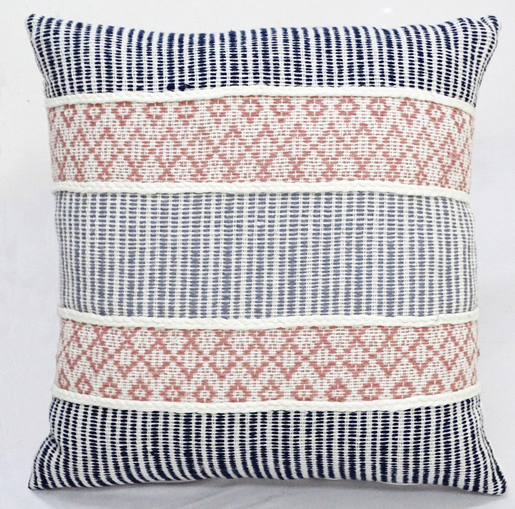 22" X 22" Blue And Peach Trellis Zippered Cotton Blend Throw Pillow With Embroidery