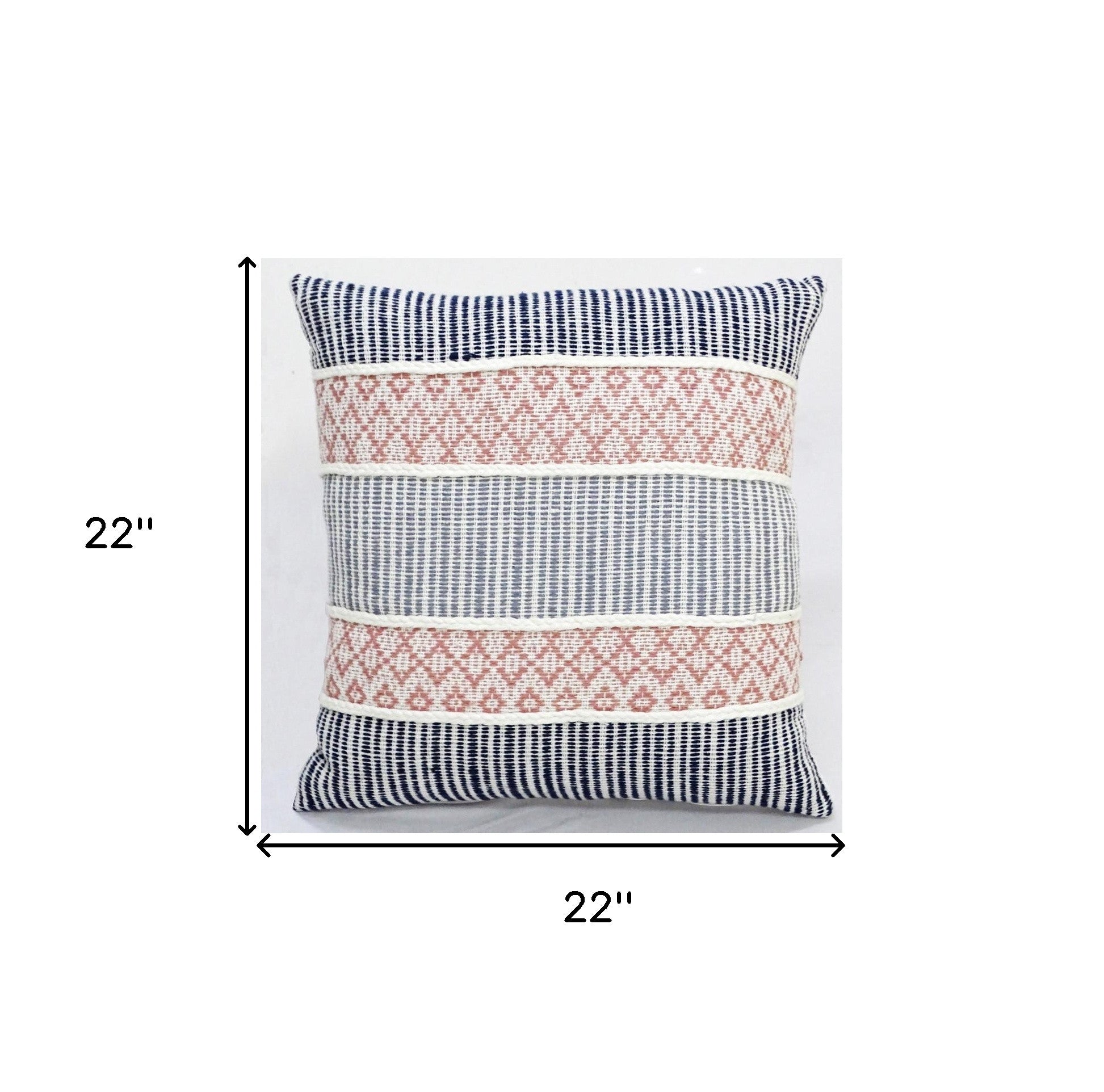 22" X 22" Blue And Peach Trellis Zippered Cotton Blend Throw Pillow With Embroidery