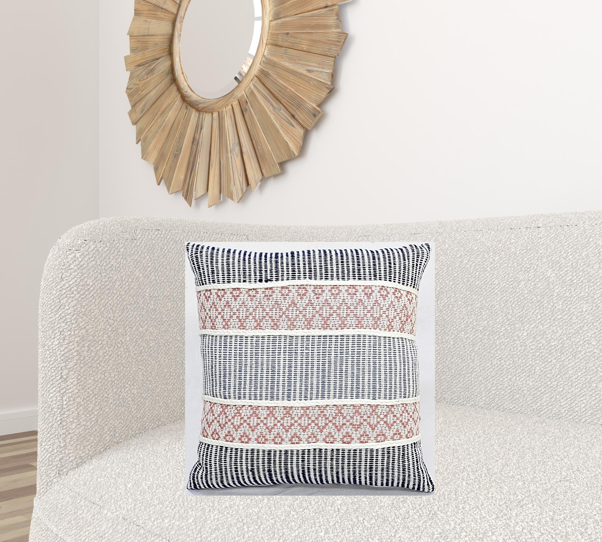 22" X 22" Blue And Peach Trellis Zippered Cotton Blend Throw Pillow With Embroidery