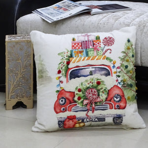 20" X 20" Green And Red Zippered Handmade Cotton Blend Christmas Holiday Van Throw Pillow With Pom Poms