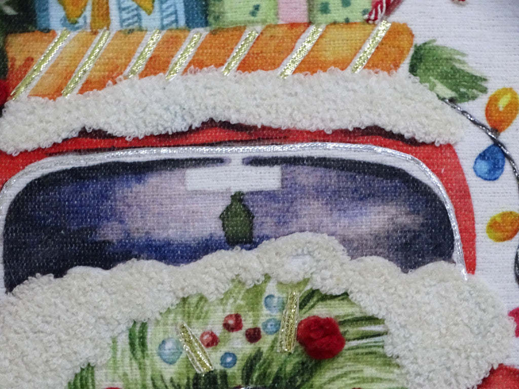 20" X 20" Green And Red Zippered Handmade Cotton Blend Christmas Holiday Van Throw Pillow With Pom Poms