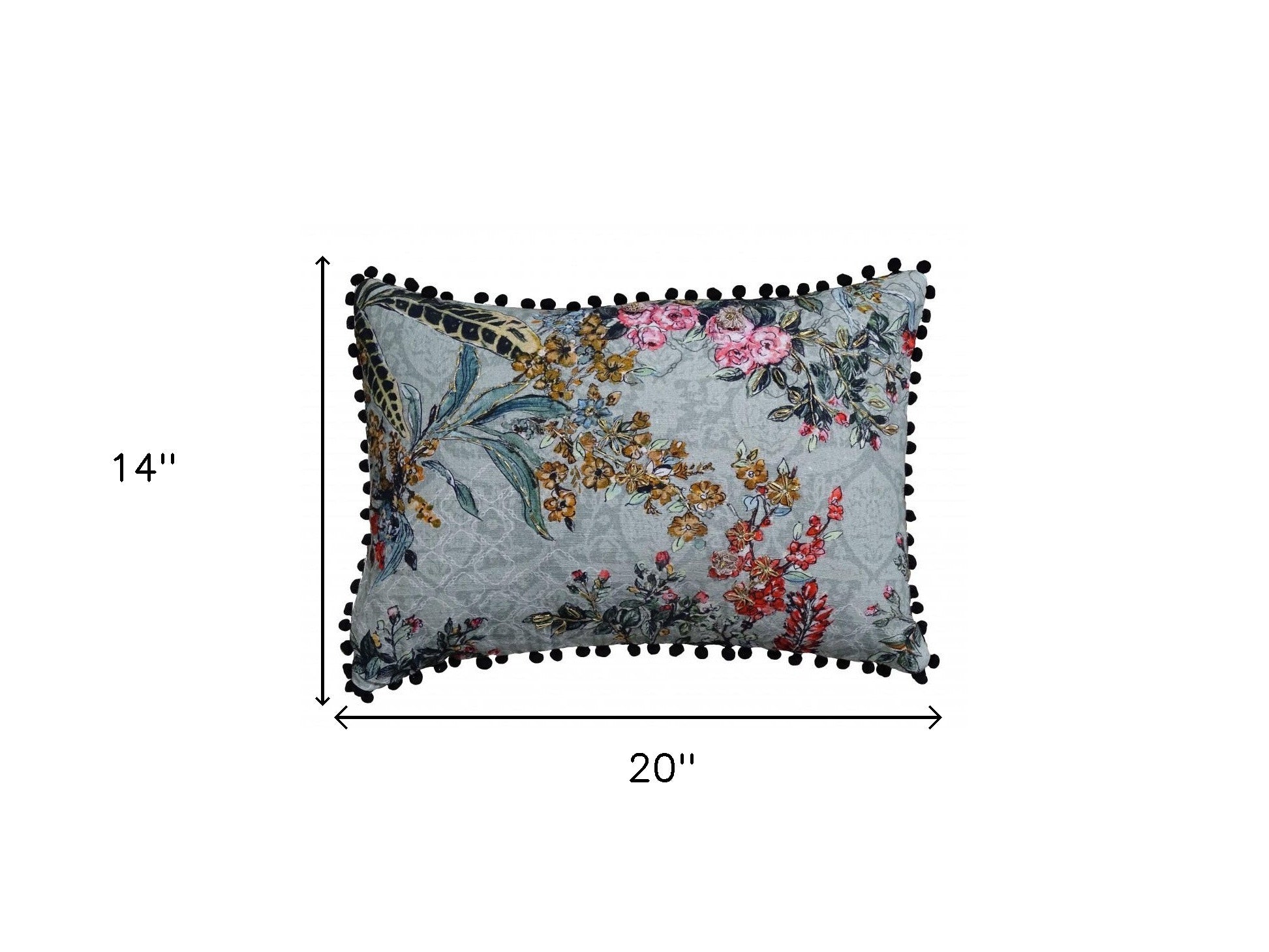 14" X 20" Green And Yellow Floral Zippered Handmade Cotton Blend Throw Pillow With Pom Poms