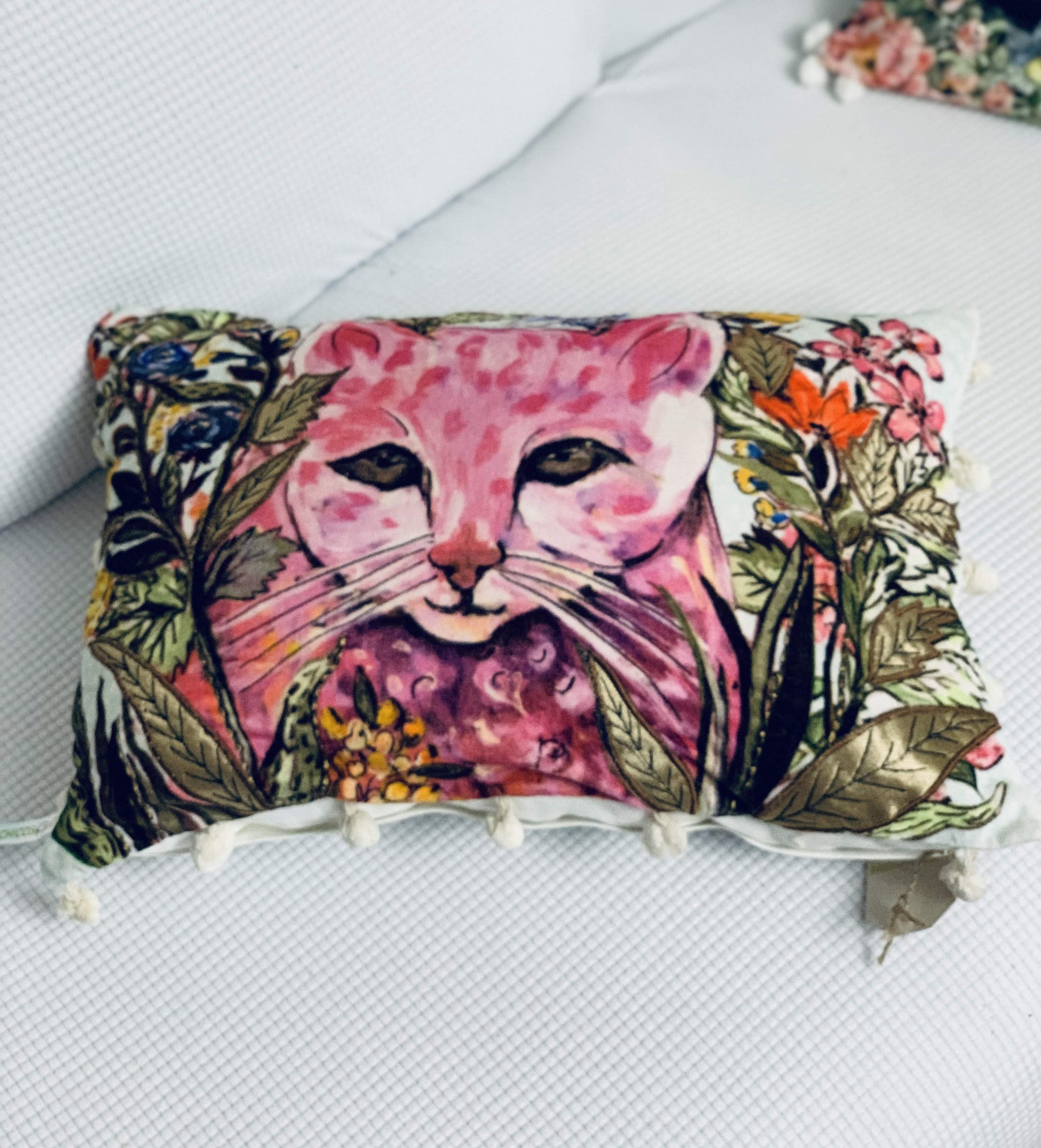 14" X 20" Pink Cat Zippered Handmade Cotton Blend Throw Pillow With Pom Poms