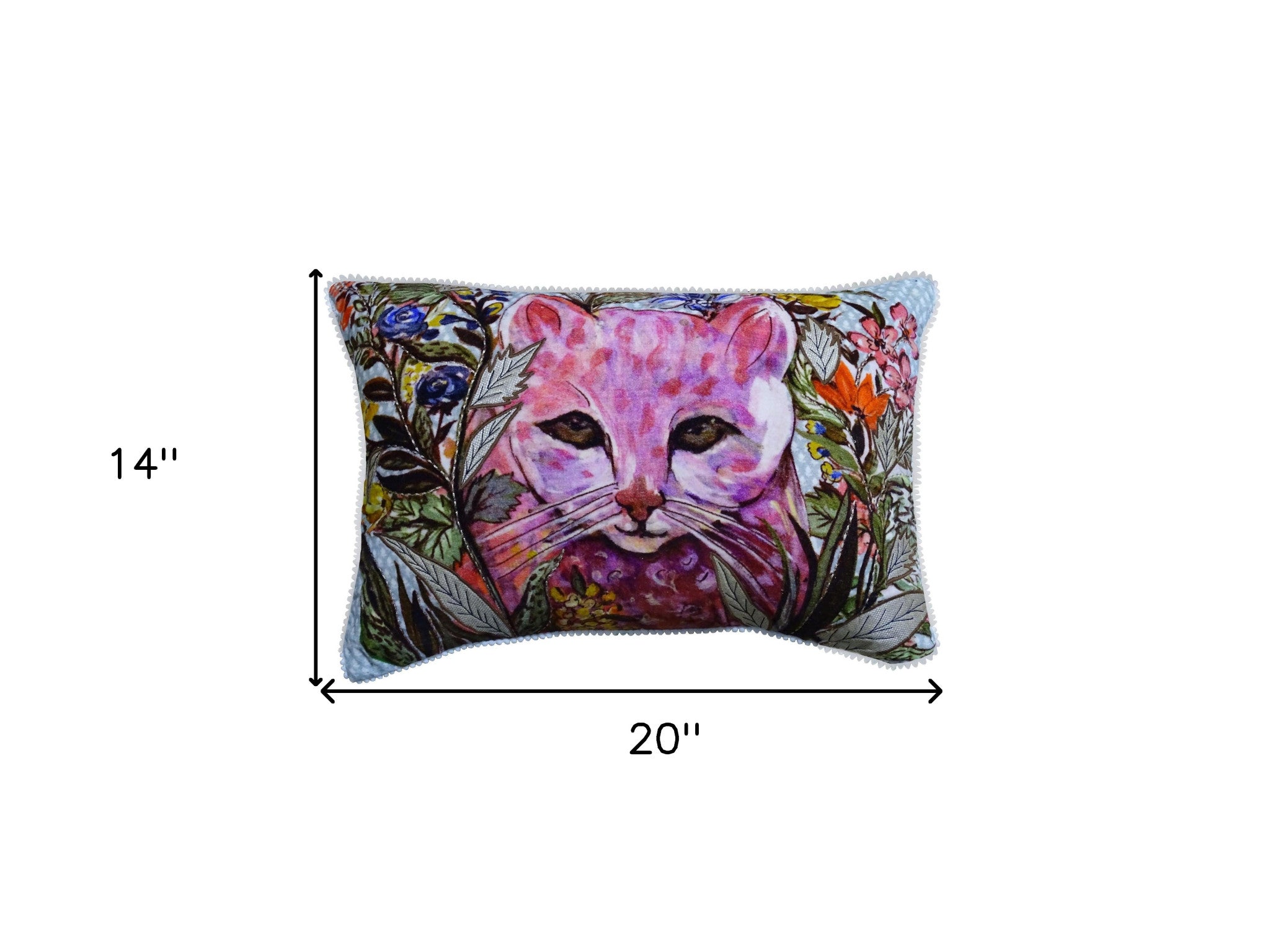 14" X 20" Pink Cat Zippered Handmade Cotton Blend Throw Pillow With Pom Poms