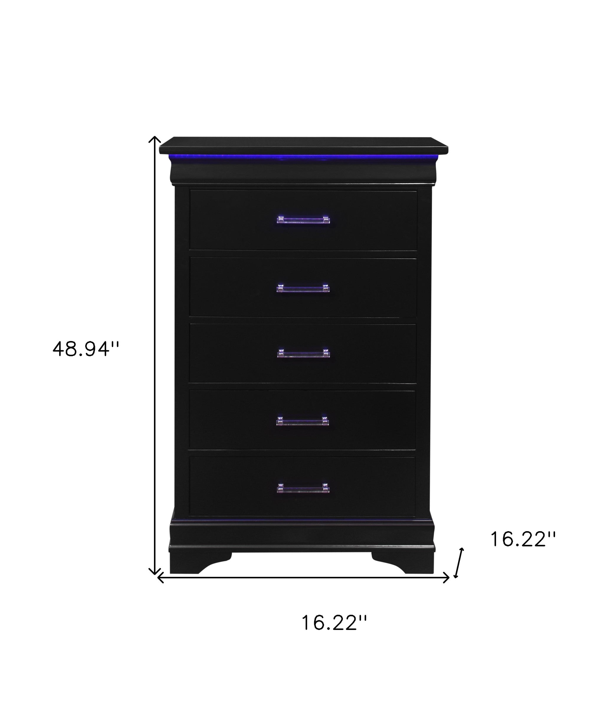 Black Solid Wood Five Drawer Chest with LED Lights 16"