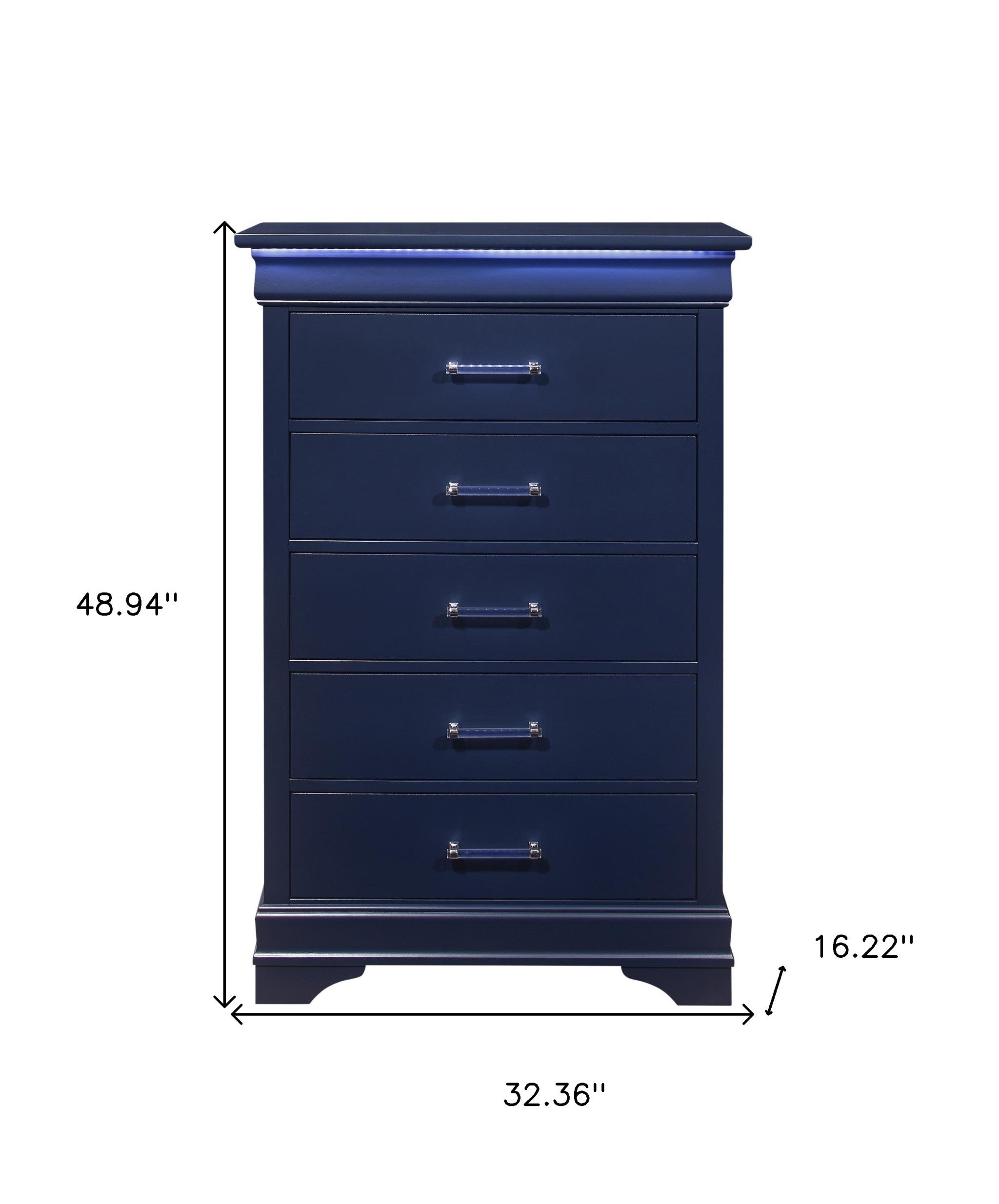 Blue Solid Wood Five Drawer Chest with LED Lighting 16"