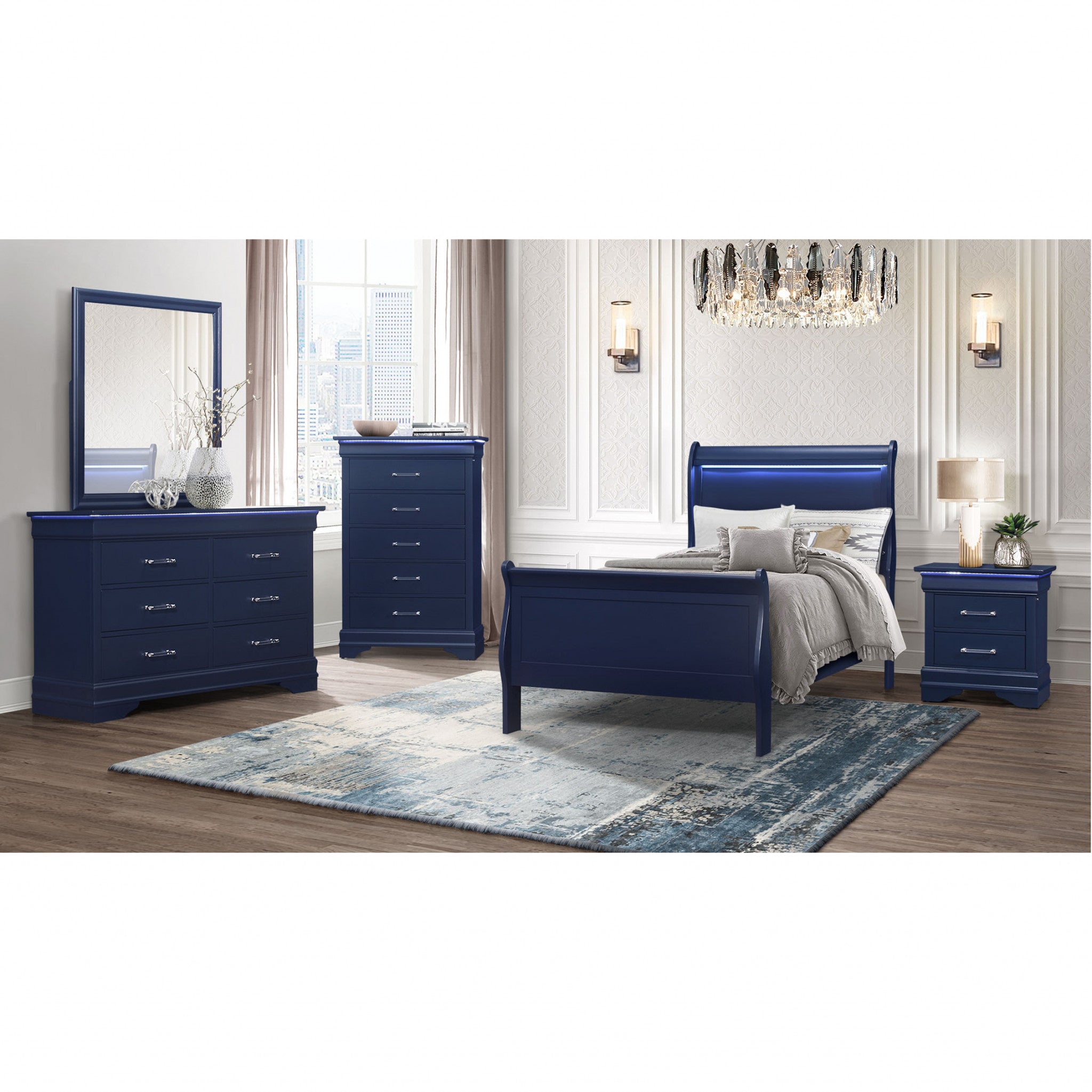 Blue Solid Wood Six Drawer Double Dresser with LED 59"