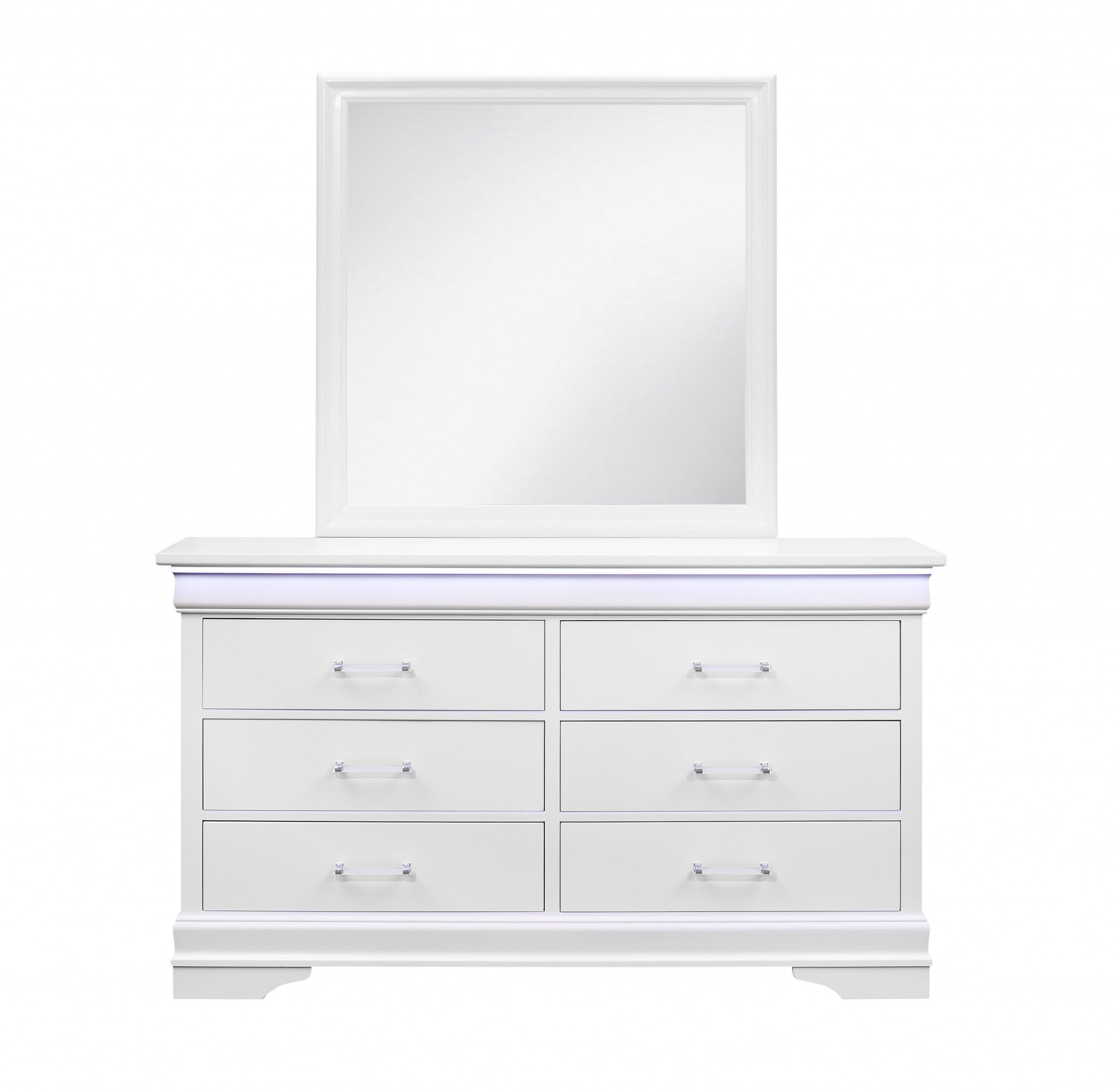 White Solid Wood Six Drawer Double Dresser with LED 59"