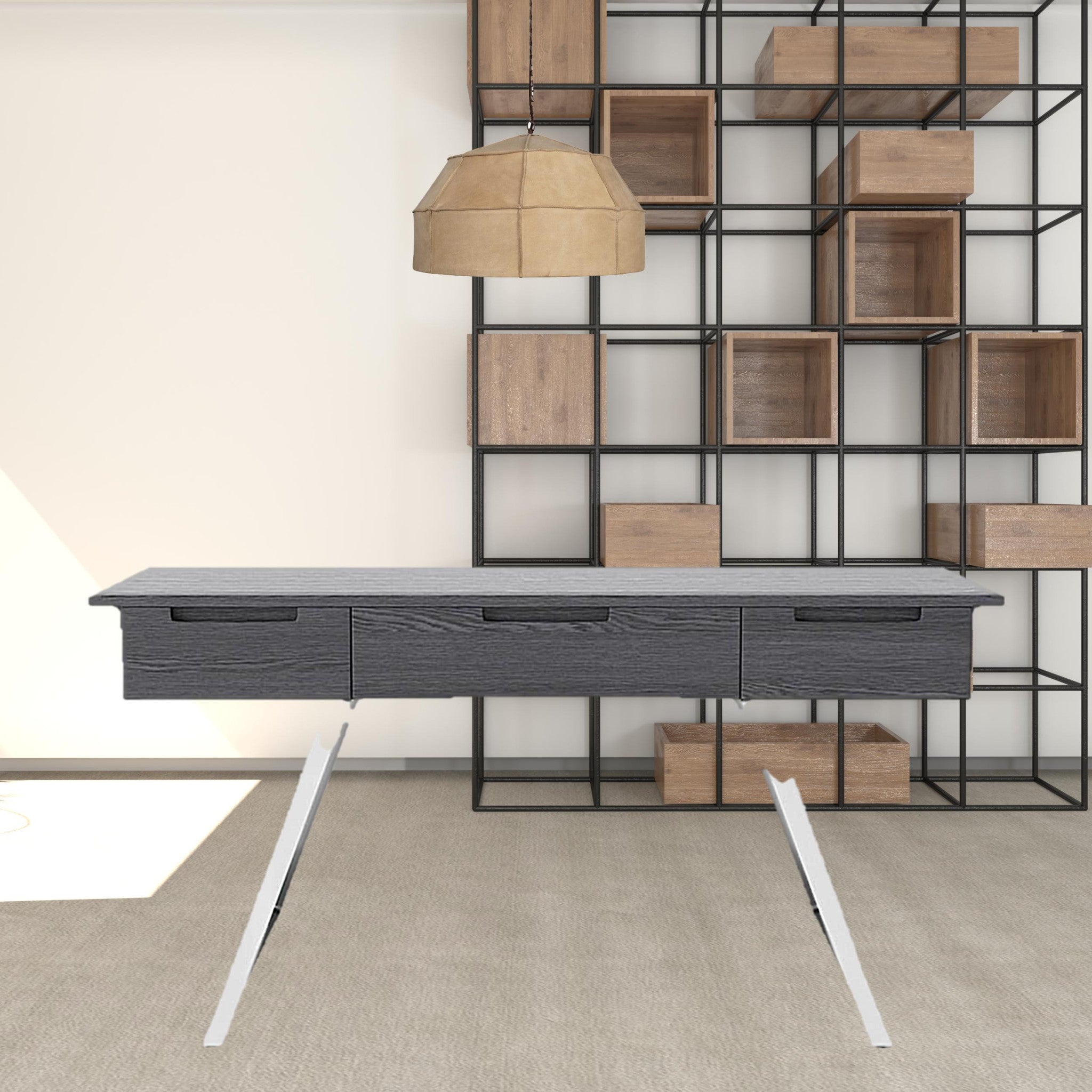 63" Gray and Chrome Rectangular Writing Desk With Three Drawers