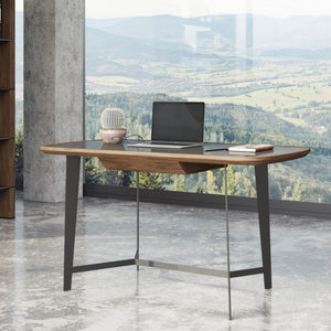 55" Walnut And Black Glass Rectangular Writing Desk