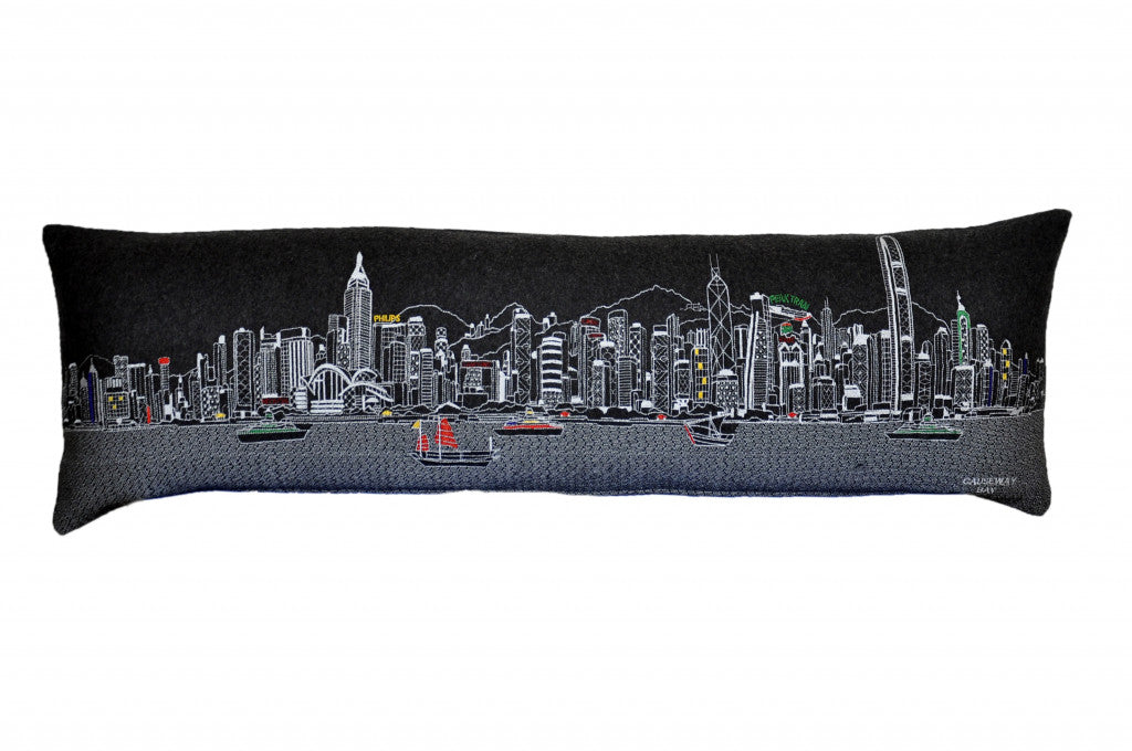 Cojín decorativo lumbar de 45 pulgadas con horizonte nocturno de Hong Kong, color negro