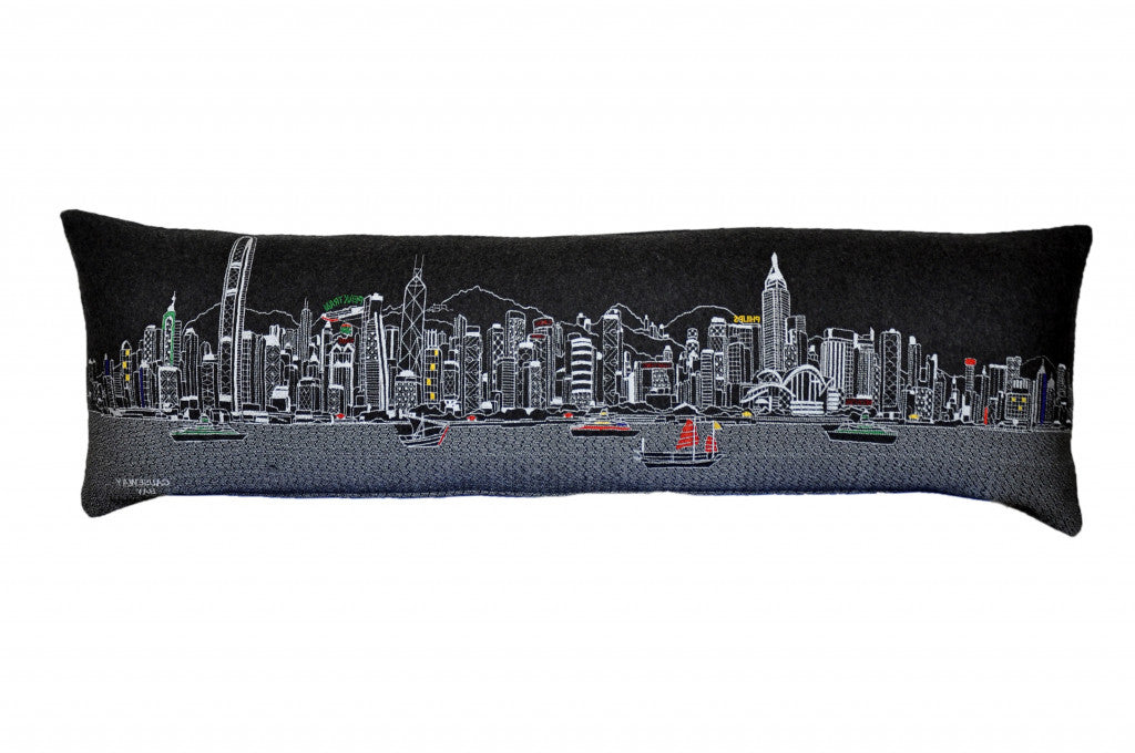 Cojín decorativo lumbar de 45 pulgadas con horizonte nocturno de Hong Kong, color negro