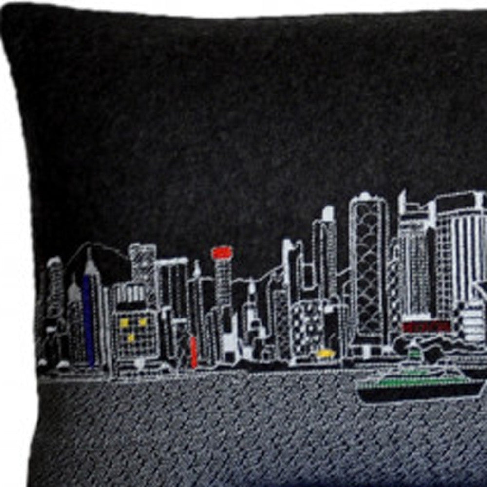 Cojín decorativo lumbar de 45 pulgadas con horizonte nocturno de Hong Kong, color negro