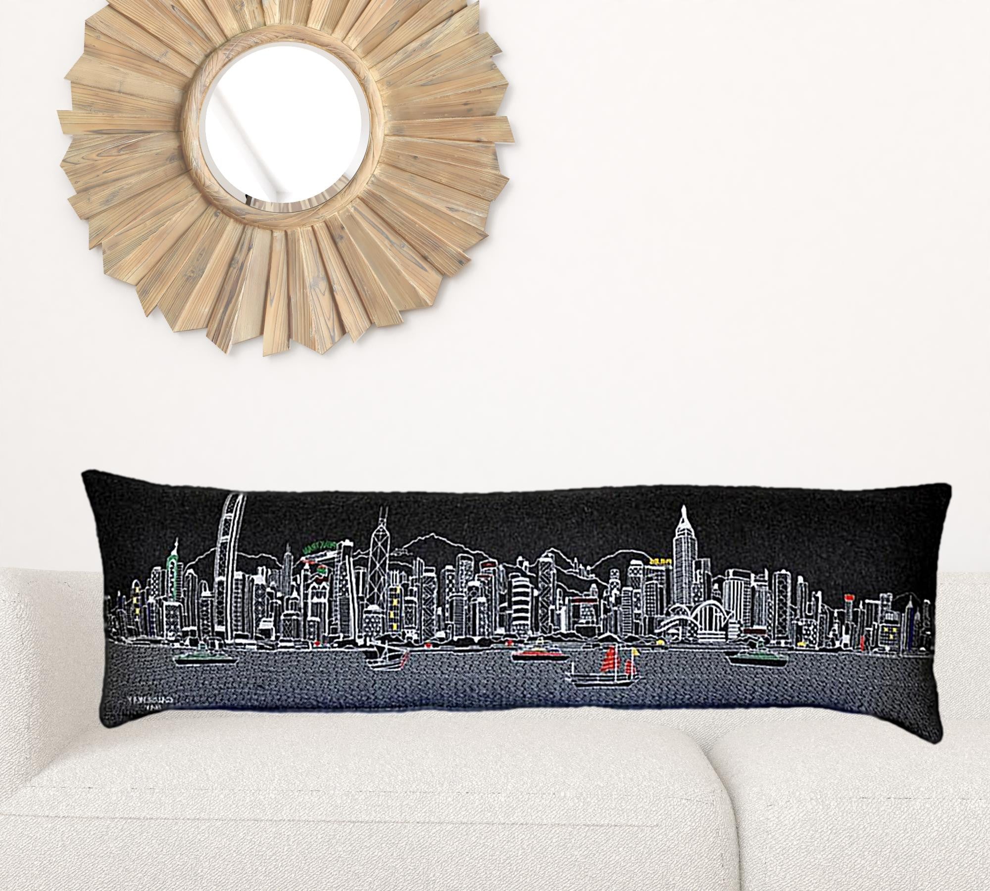 Cojín decorativo lumbar de 45 pulgadas con horizonte nocturno de Hong Kong, color negro