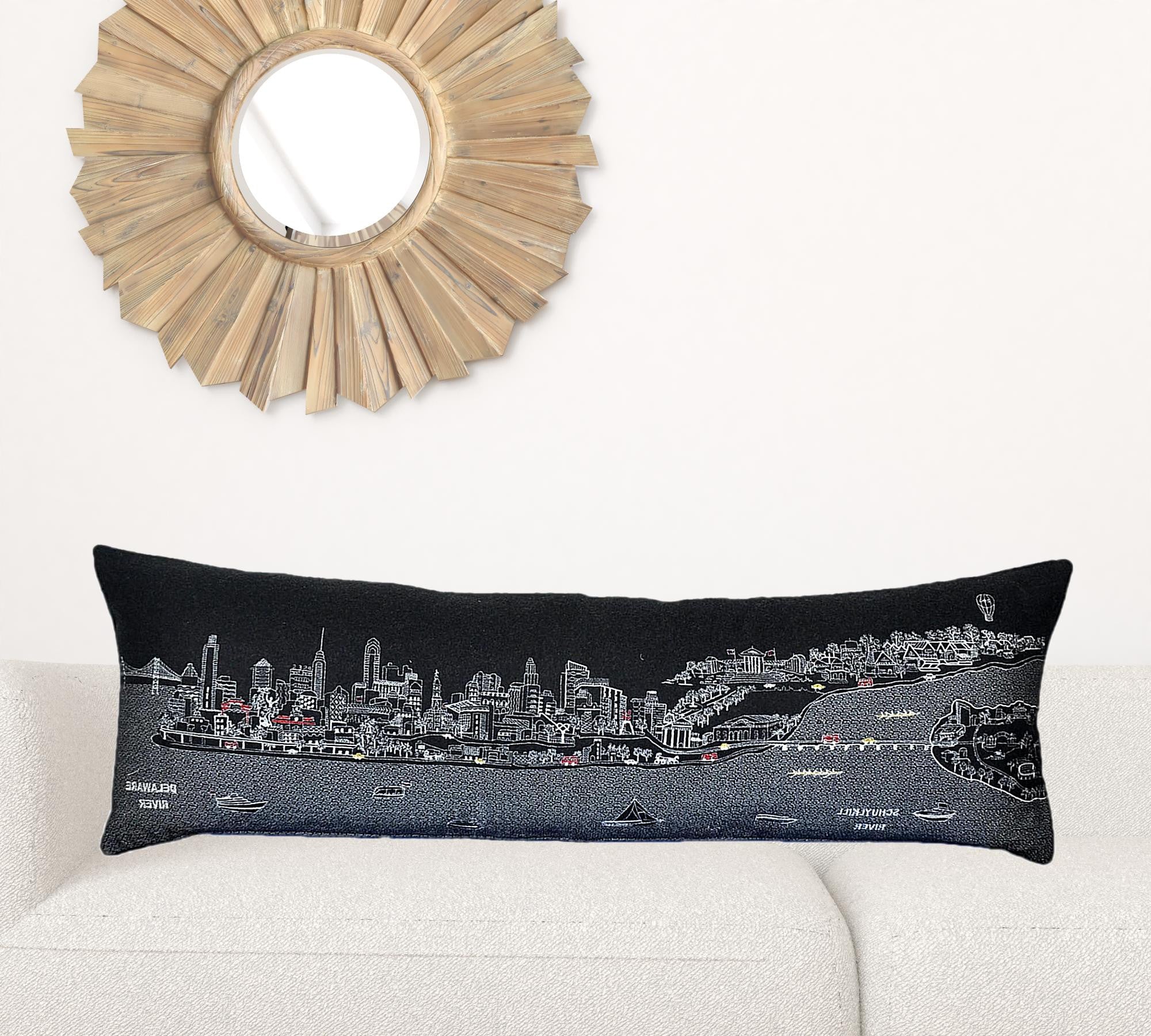 45" Black Philadelphia Nighttime Skyline Lumbar Decorative Pillow