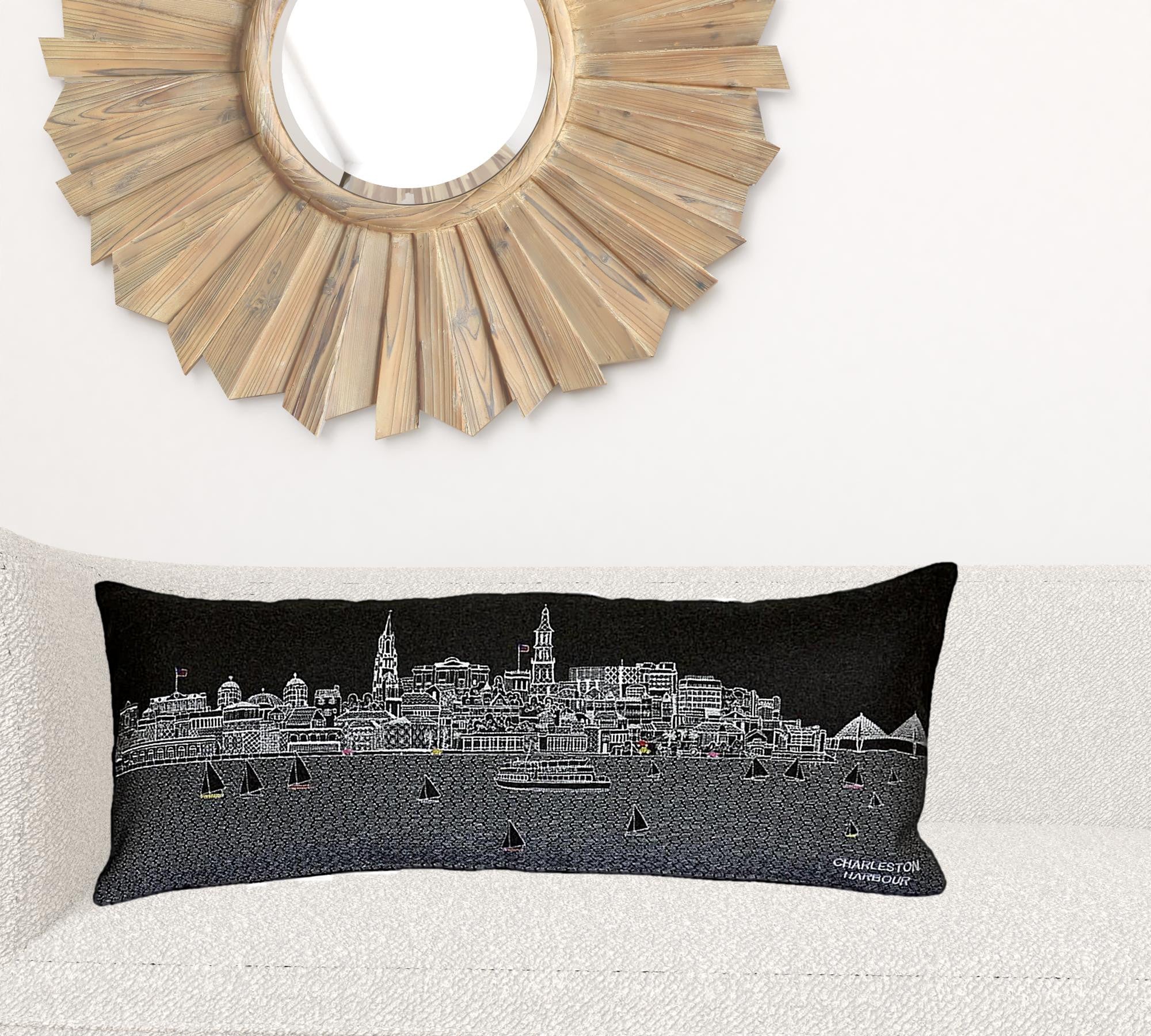 24" Black Charleston Nighttime Skyline Lumbar Decorative Pillow