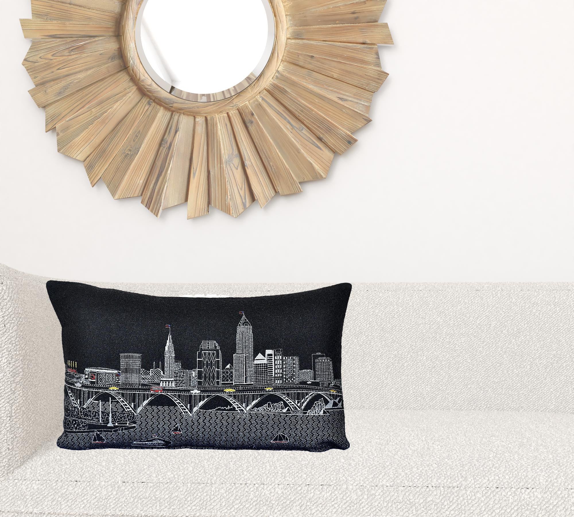 24" Black Cleveland Nighttime Skyline Lumbar Decorative Pillow