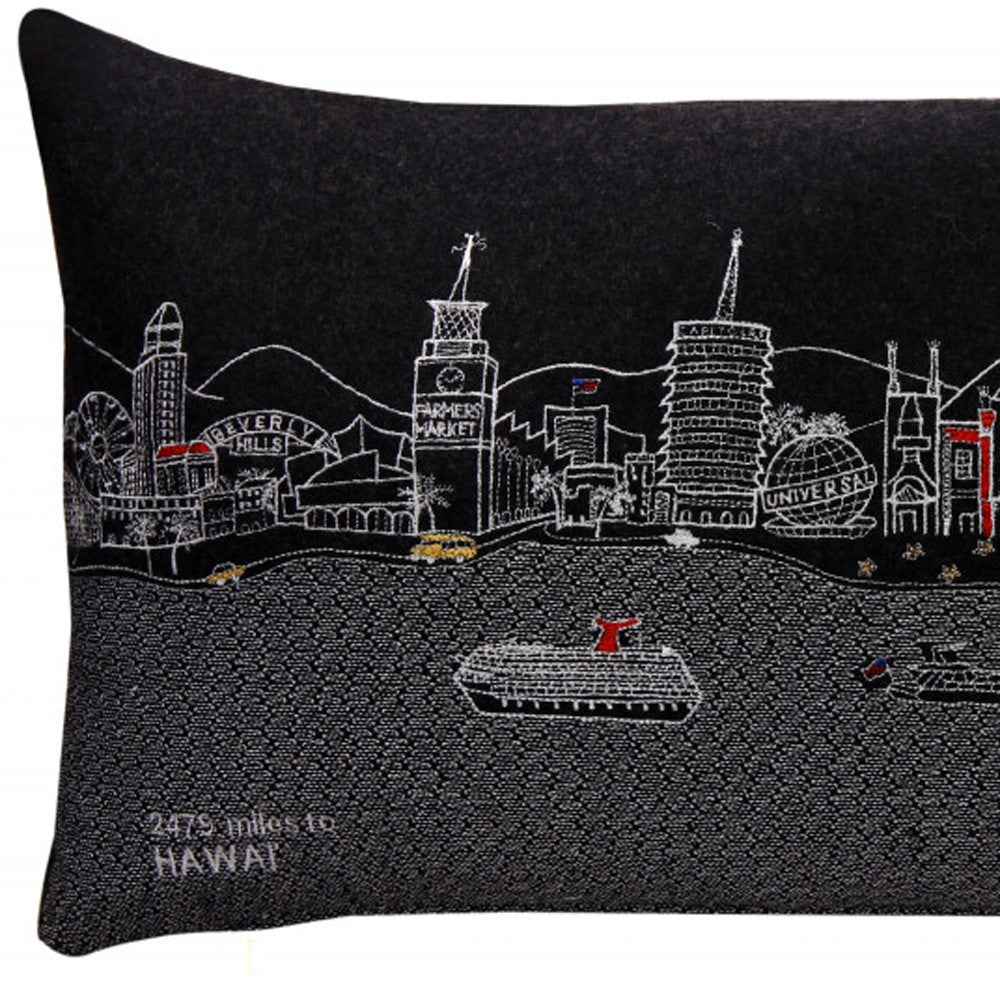 24" Black Los Angeles Nighttime Skyline Lumbar Decorative Pillow
