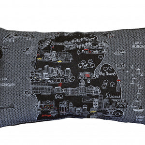 24" Black Michigan Lower Peninsula Nighttime Skyline Lumbar Decorative Pillow